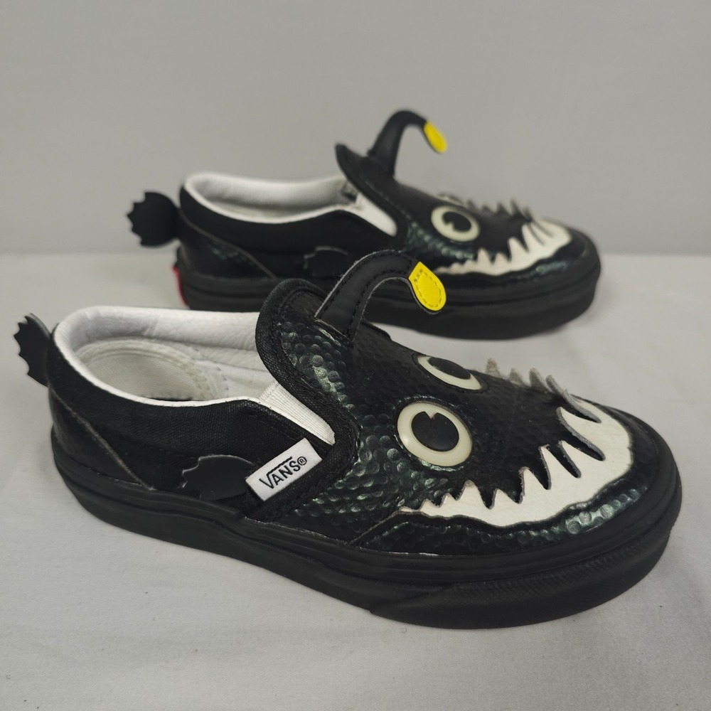 Vans Slip On Angler Fish Shoes Boy Size 12.5 Black Glow In The Dark Cute Funny